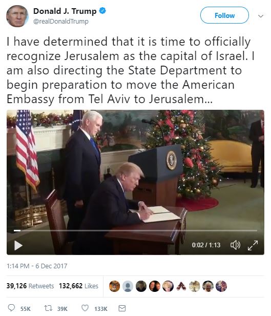 President Trump announces the US recognizes Jerusalem as Israel's capital